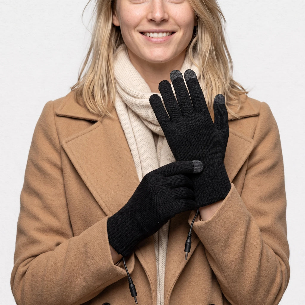 Gants chauffants tricotés noirs portés par une femme en manteau camel