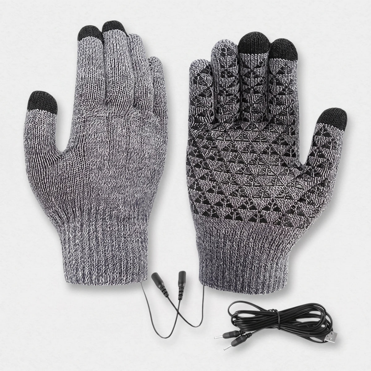 Gants chauffants tricotés gris chiné vus de dos et de paume, picots silicone, câble USB en Y