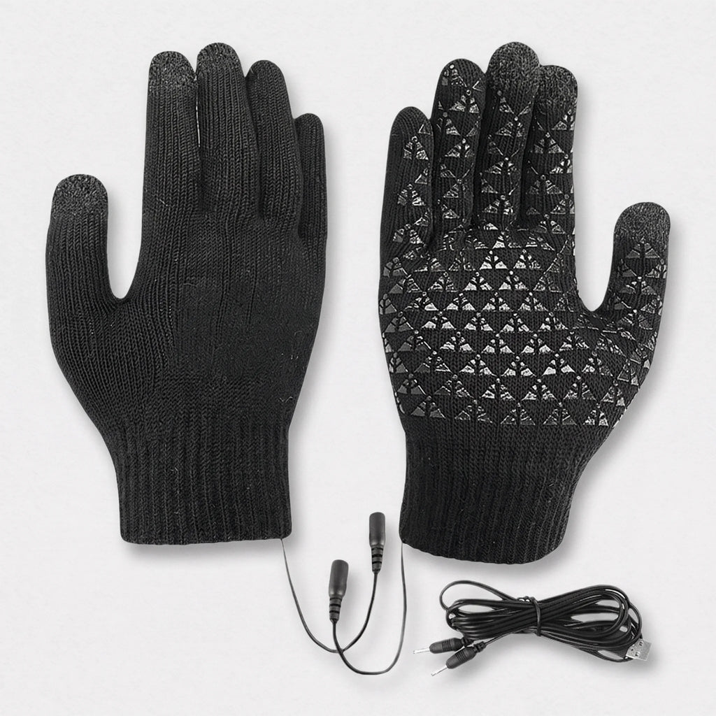 Gants chauffants tricotés noirs vus de dos et de paume, picots silicone, câble USB en Y