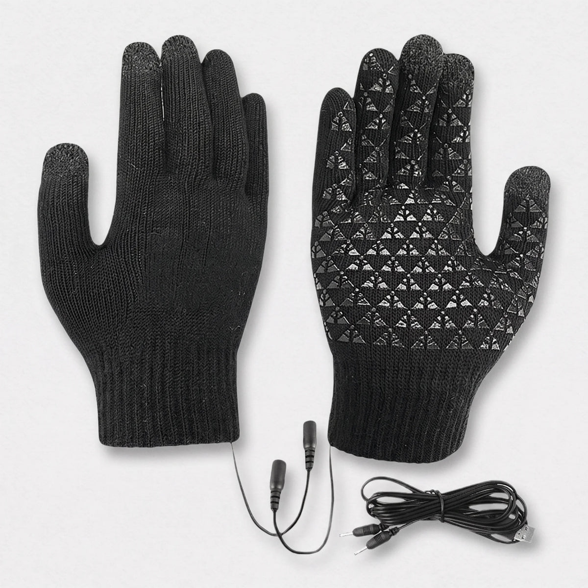 Gants chauffants tricotés noirs vus de dos et de paume, picots silicone, câble USB en Y