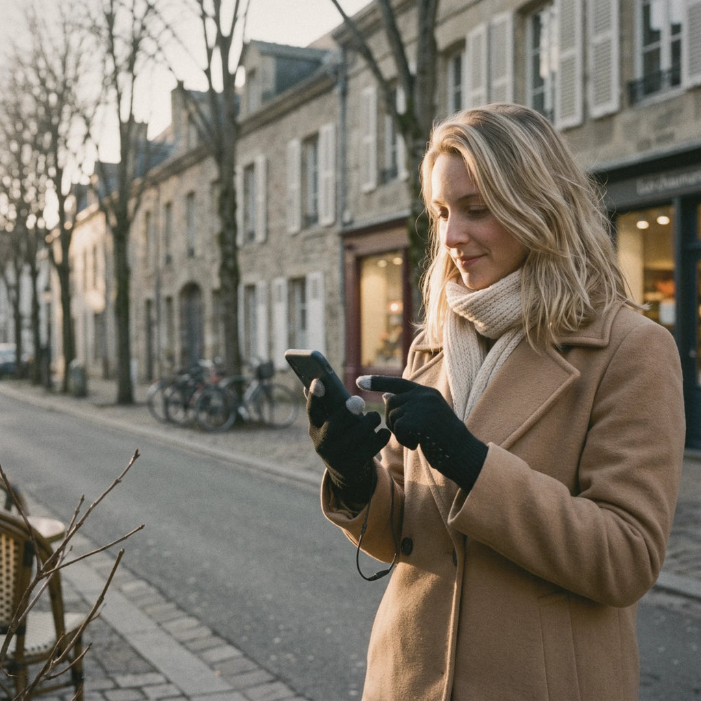Femme qui lit un message sur son téléphone sans retirer ses gants chauffants, dans une rue en hiver