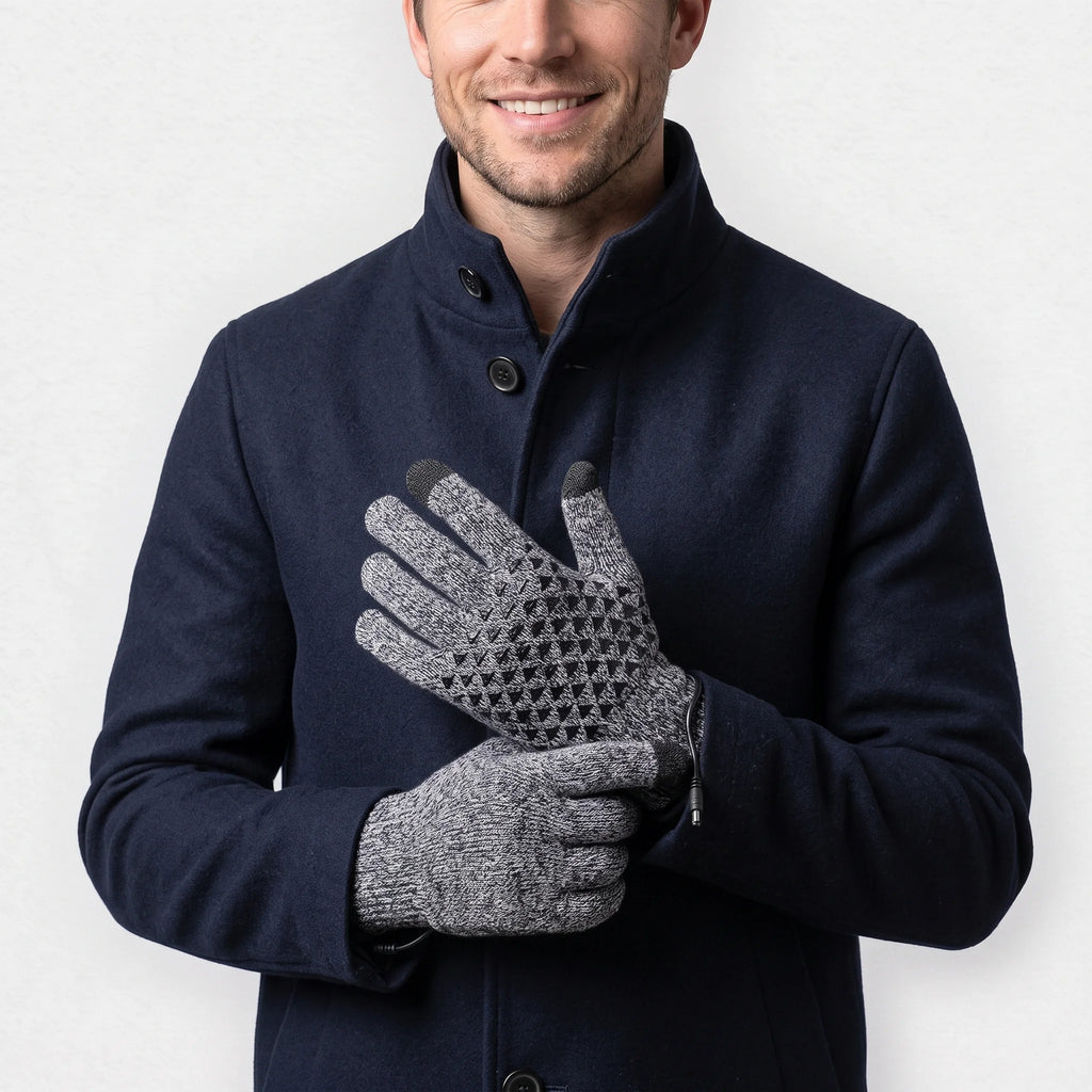 Gants chauffants tricotés gris chiné portés par un homme souriant en caban marine