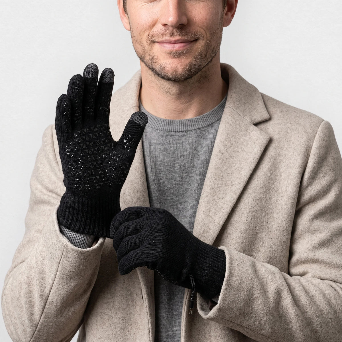 Gants chauffants tricotés noirs portés par un homme en manteau beige