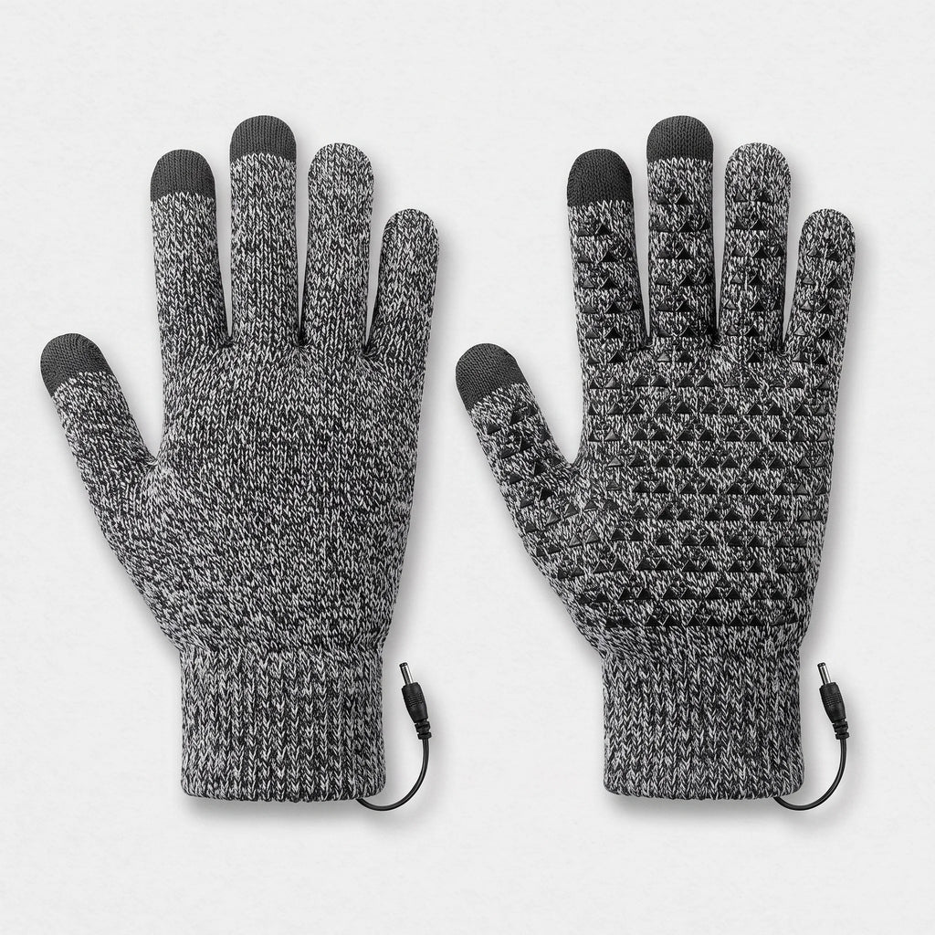 Gants chauffants tricotés gris chiné vus de dos et de paume, picots silicone