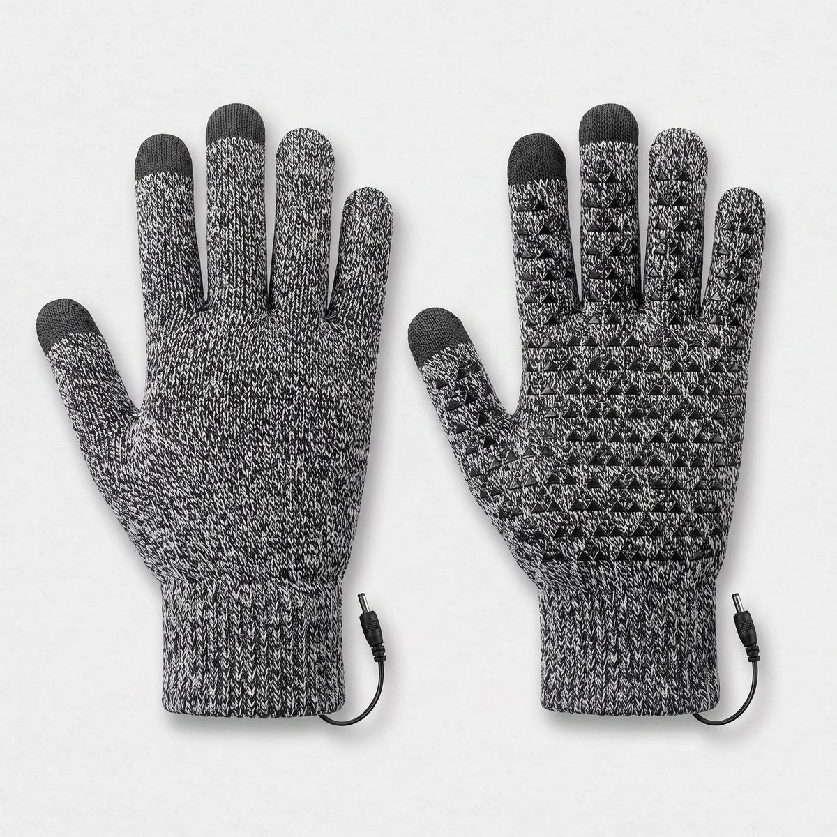 Gants chauffants tricotés gris chiné vus de dos et de paume, picots silicone