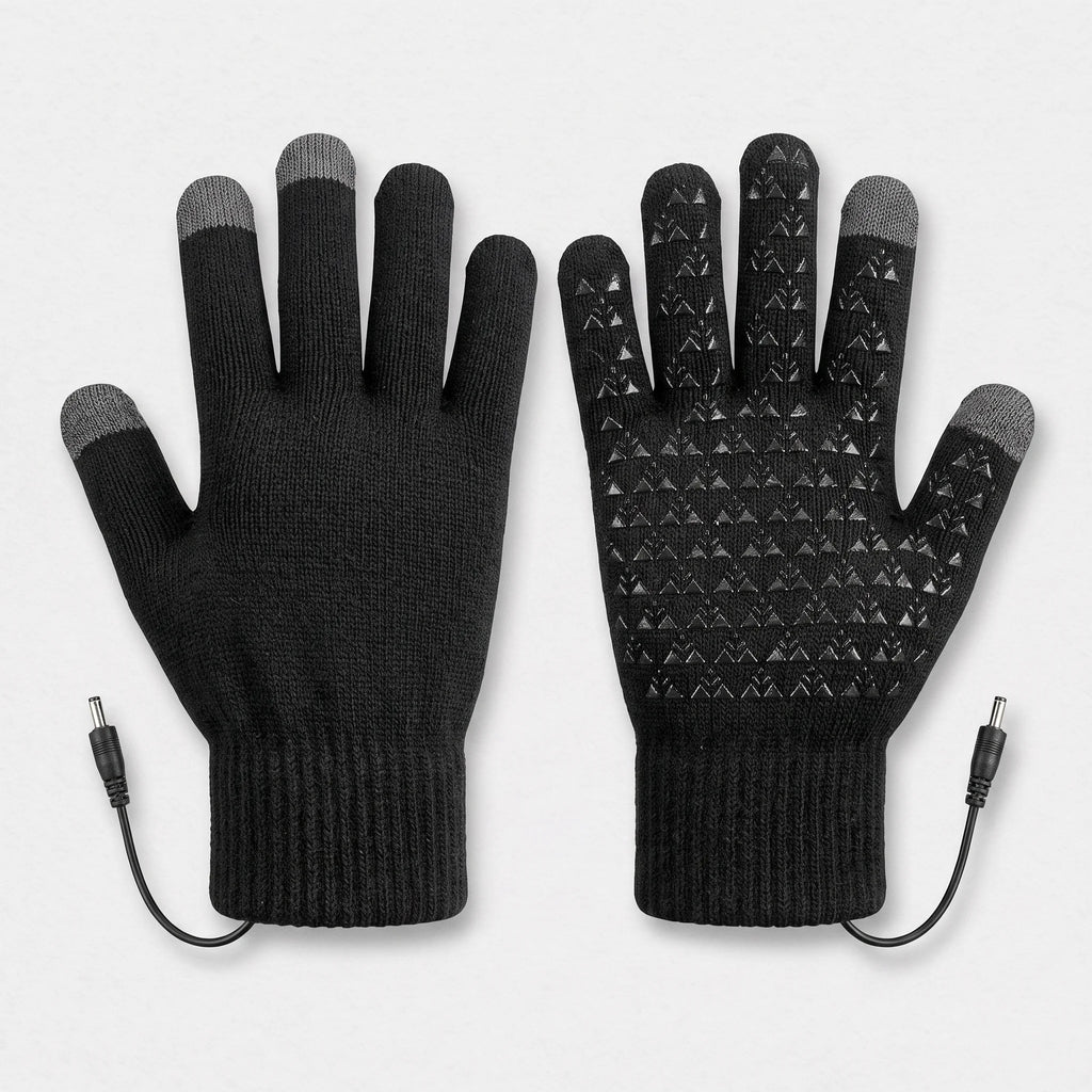 Gants chauffants tricotés noirs vus de dos et de paume, picots silicone