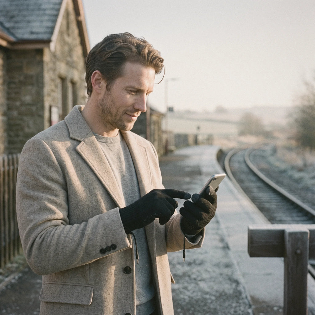 Homme qui consulte son téléphone sans retirer ses gants chauffants, sur un quai de gare