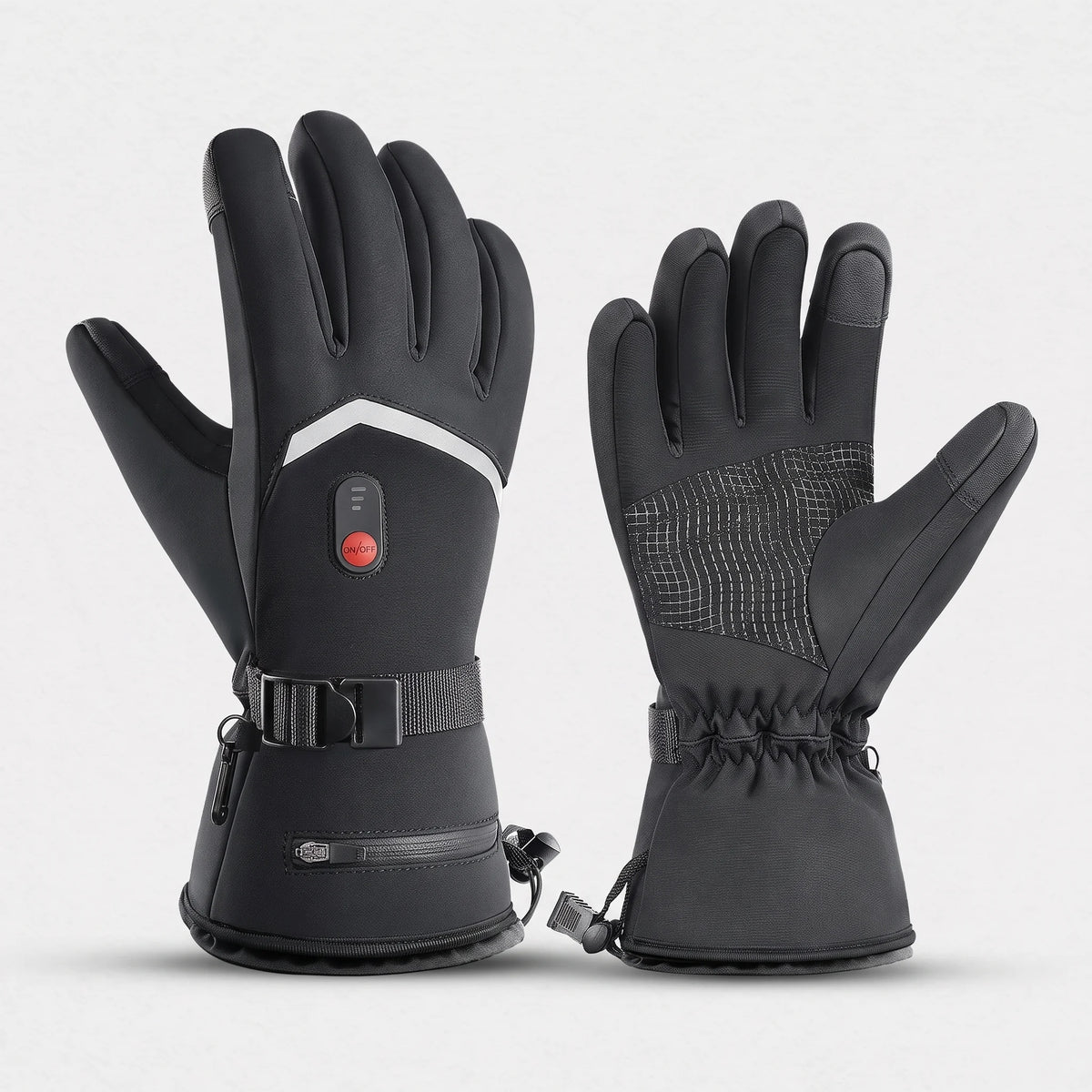 Gants chauffants noirs : dos avec chevron réfléchissant et bouton à gauche, paume antidérapante à droite