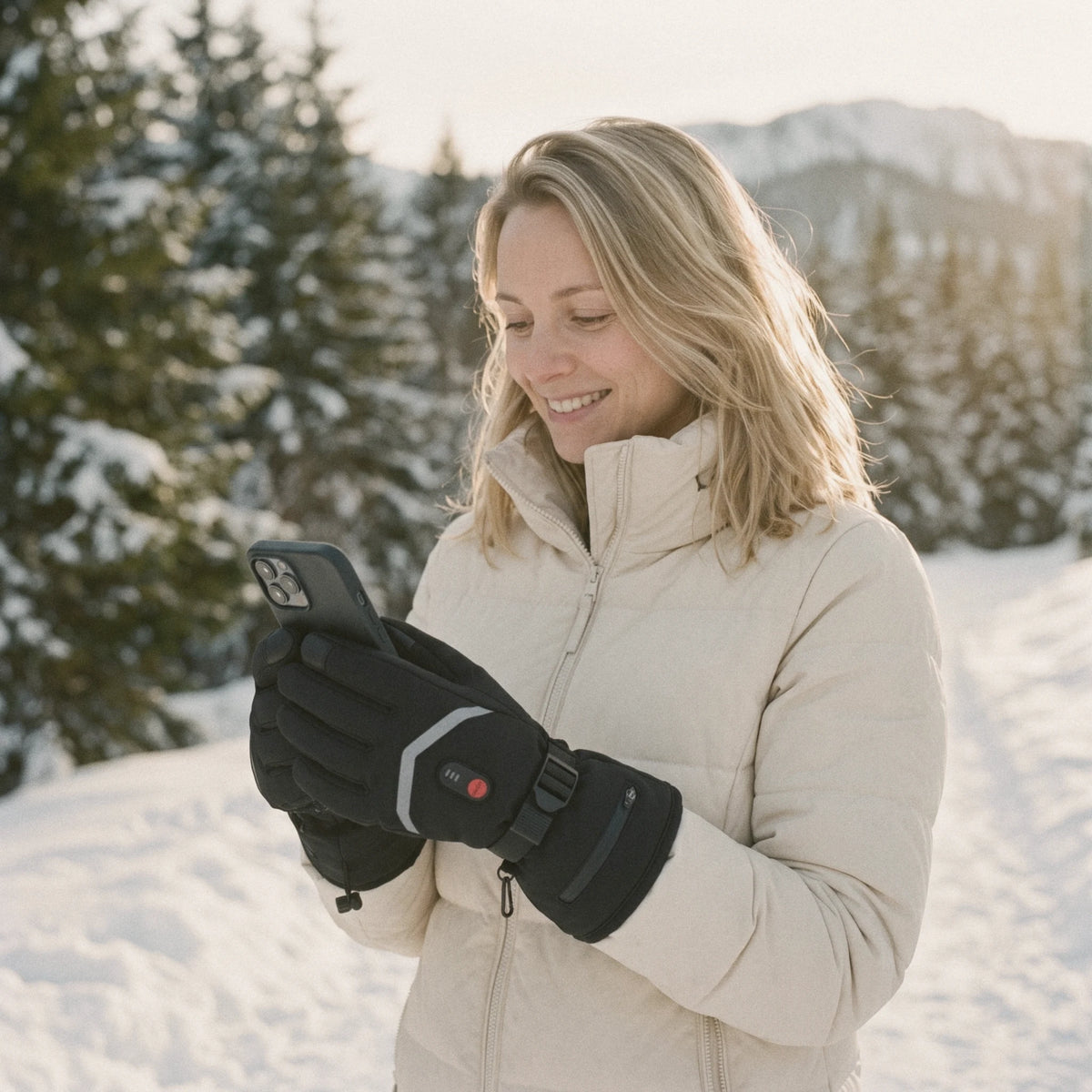 Femme souriante qui consulte son téléphone sur un sentier enneigé, gants chauffants aux mains