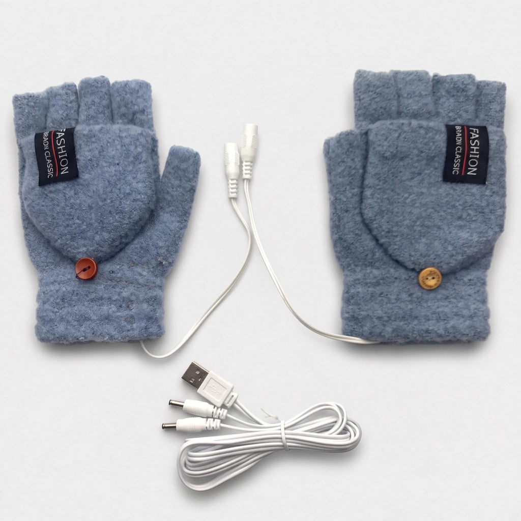 Mitaines chauffantes à rabat bleu gris vues de dos, avec leur câble USB en Y