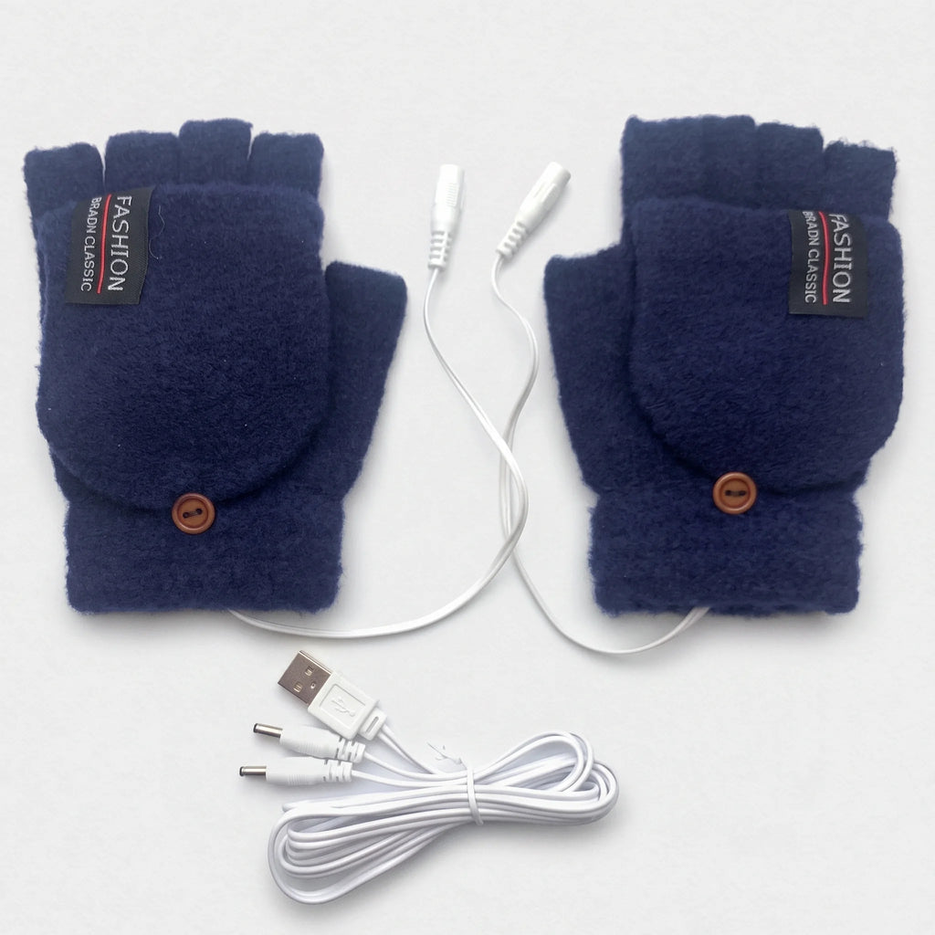 Mitaines chauffantes à rabat bleu marine vues de dos, avec leur câble USB en Y