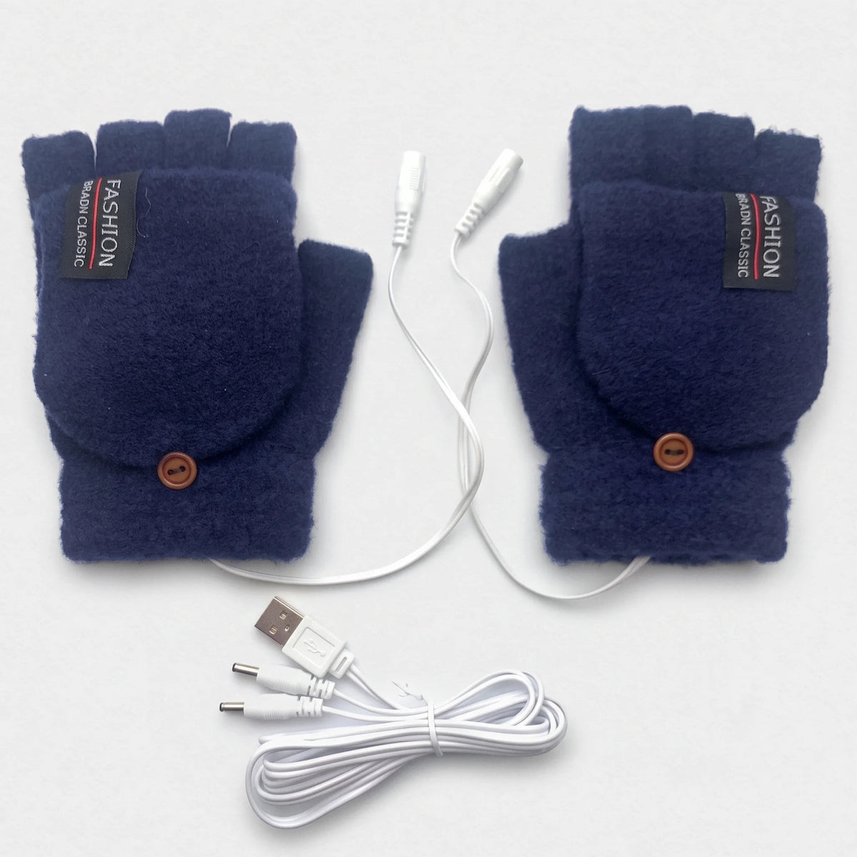 Mitaines chauffantes à rabat bleu marine vues de dos, avec leur câble USB en Y