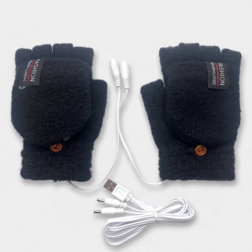 Mitaines chauffantes à rabat noires vues de dos, avec leur câble USB en Y