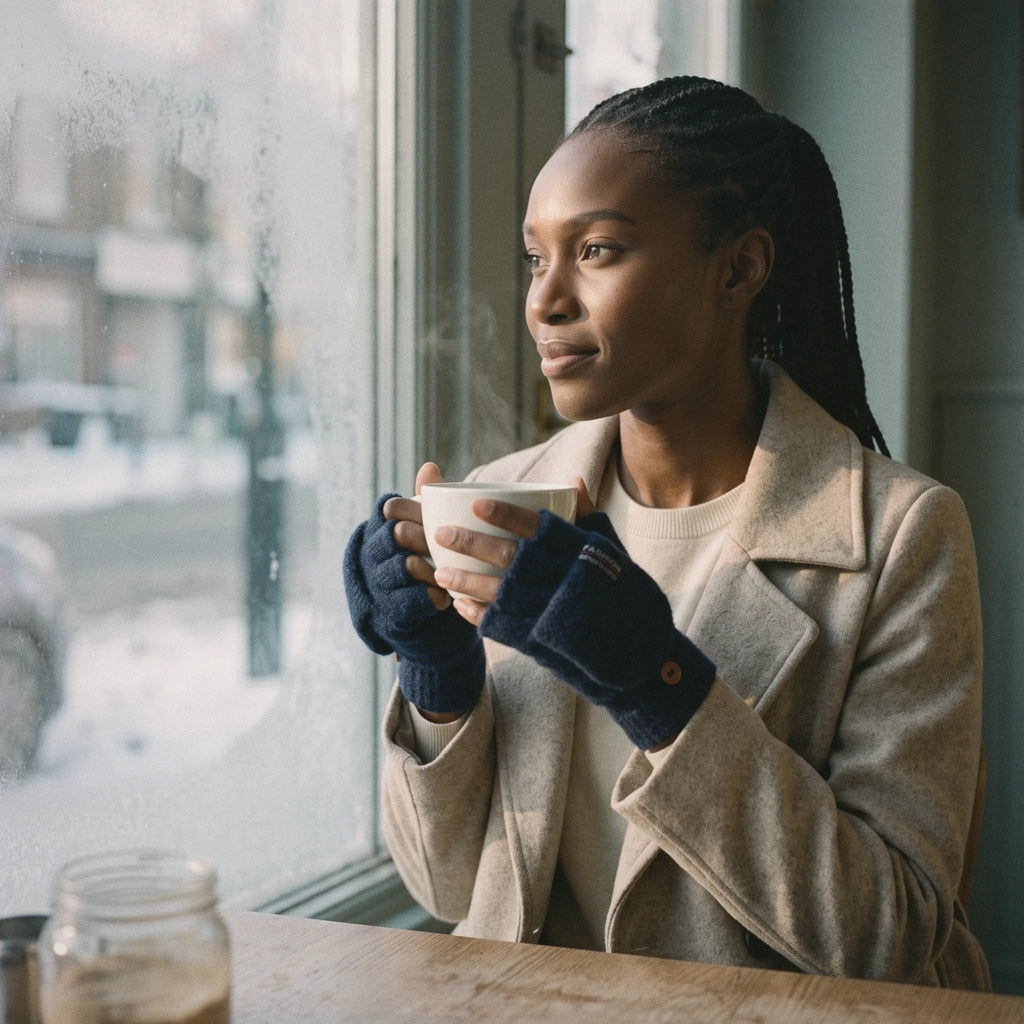 Femme en mitaines chauffantes, doigts libres, une tasse de café à la main près d'une fenêtre