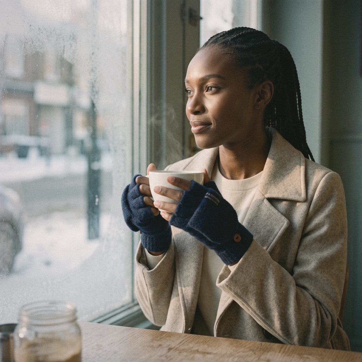 Femme en mitaines chauffantes, doigts libres, une tasse de café à la main près d'une fenêtre