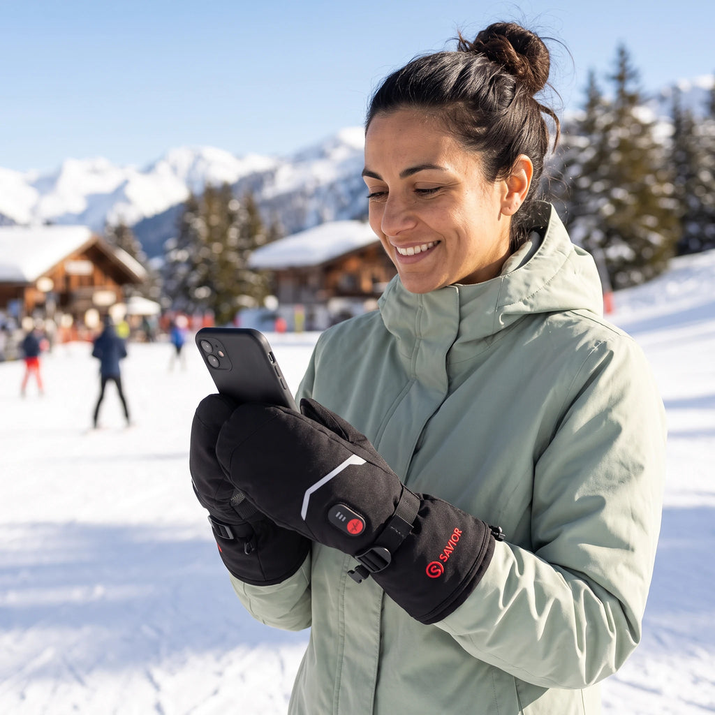 Femme souriante qui consulte son téléphone sans retirer ses moufles chauffantes, en station de ski