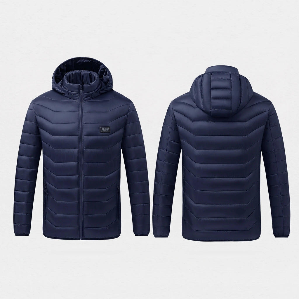 Veste chauffante bleu marine vue de face et de dos, panneau de commande sur la poitrine
