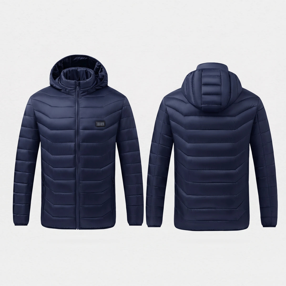 Veste chauffante bleu marine vue de face et de dos, panneau de commande sur la poitrine