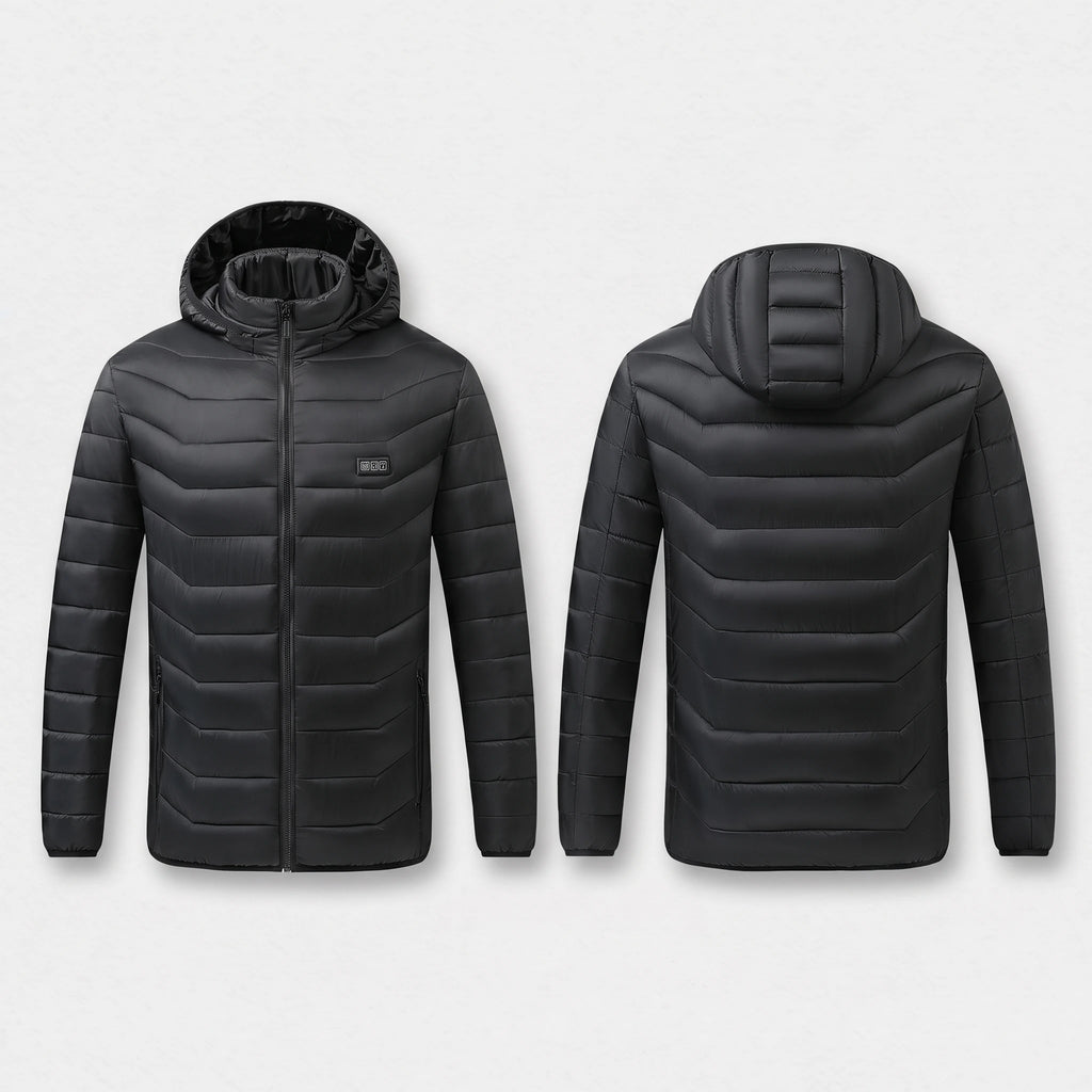 Veste chauffante noire vue de face et de dos, panneau de commande sur la poitrine