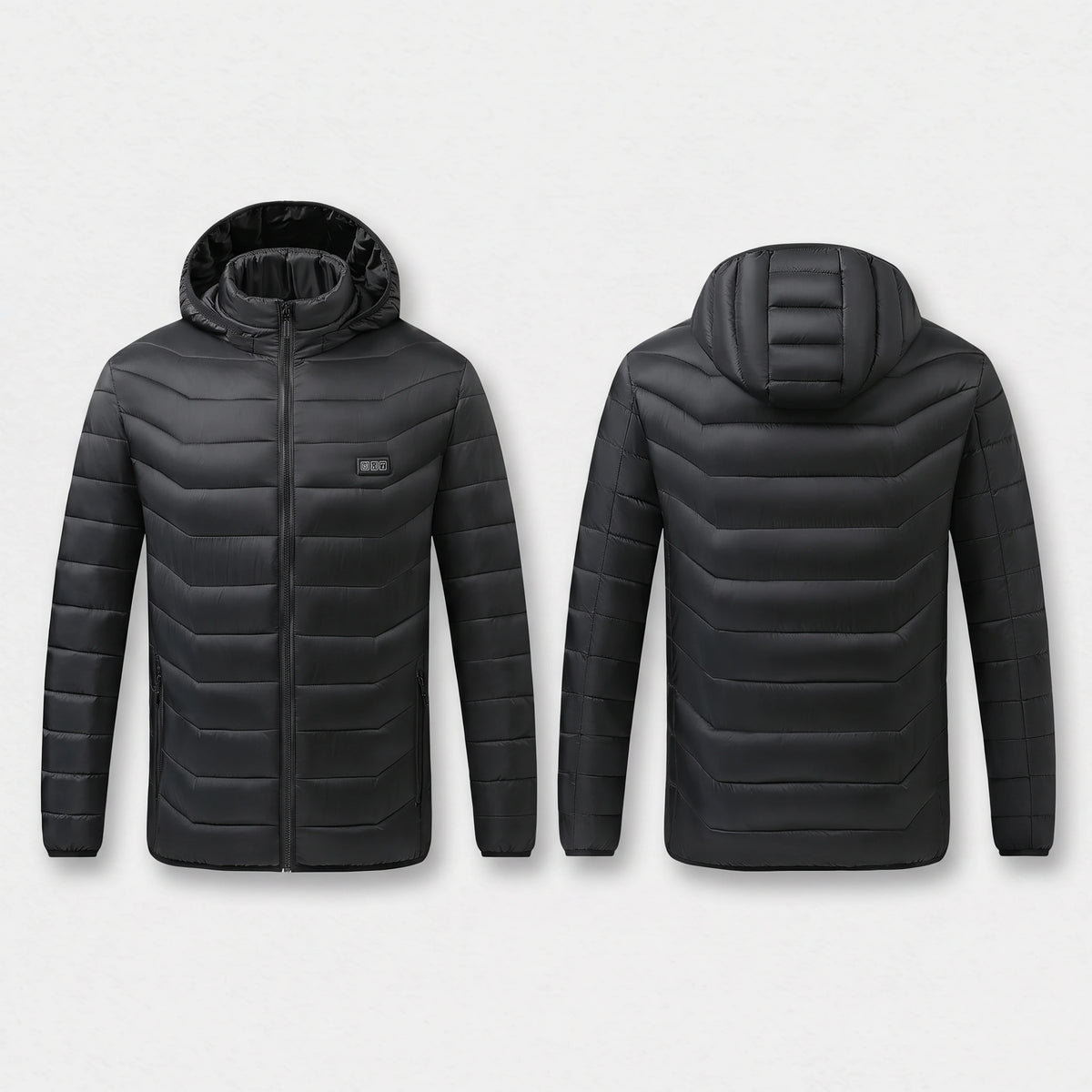Veste chauffante noire vue de face et de dos, panneau de commande sur la poitrine
