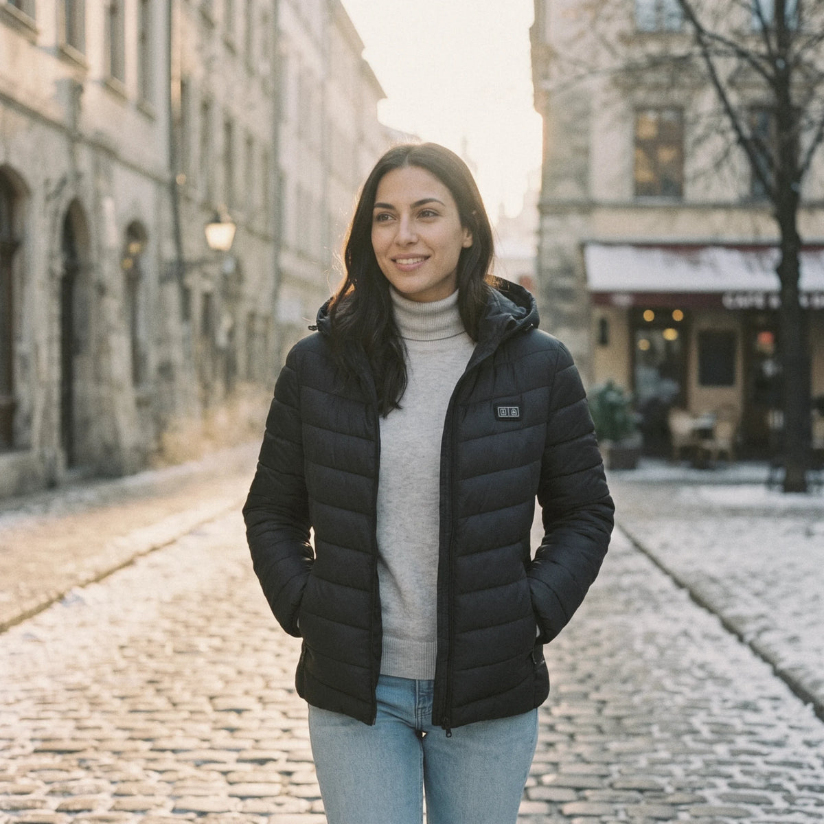 Femme souriante dans une rue enneigée, vêtue de la veste chauffante noire