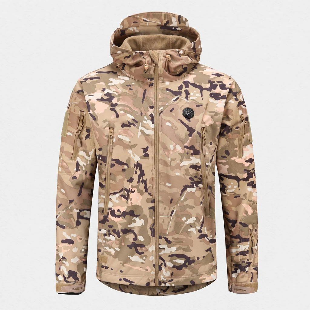 Veste softshell chauffante camouflage vue de face : capuche à visière, poches zippées, bouton de chauffe