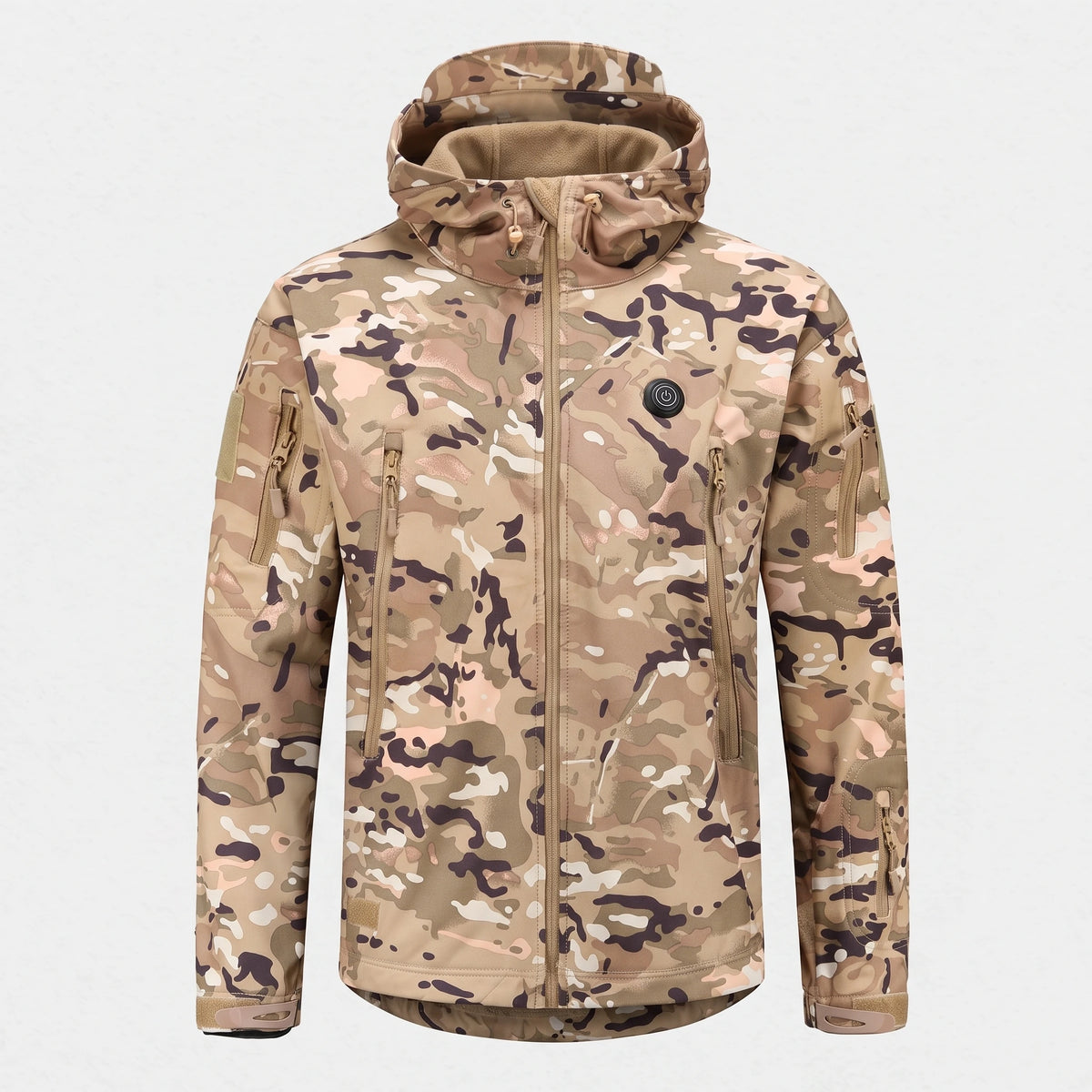 Veste softshell chauffante camouflage vue de face : capuche à visière, poches zippées, bouton de chauffe