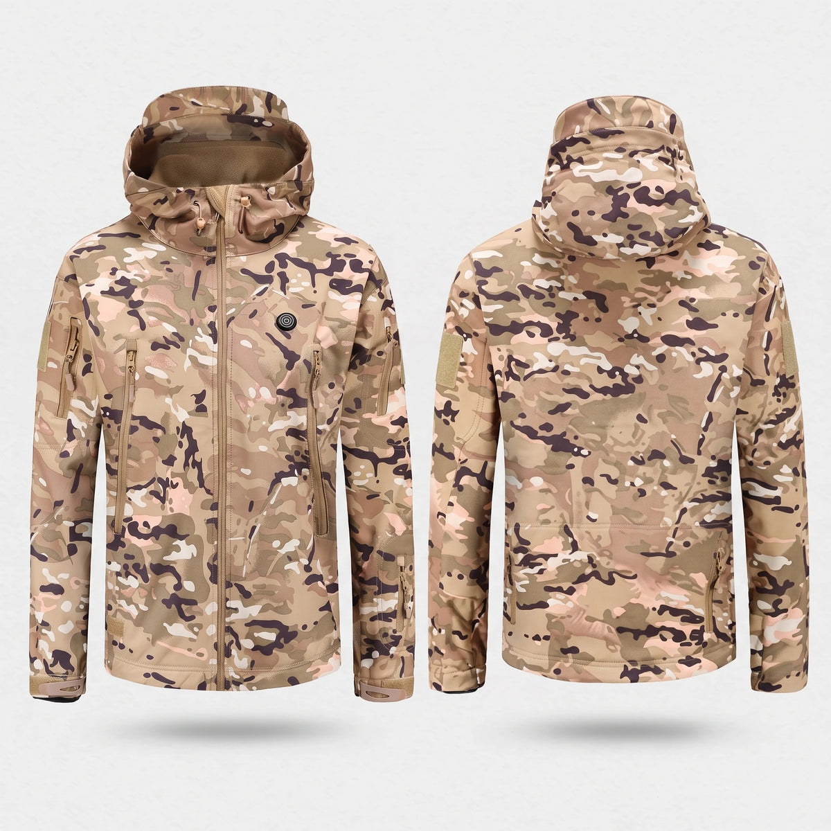 Veste chauffante camouflage vue de face et de dos