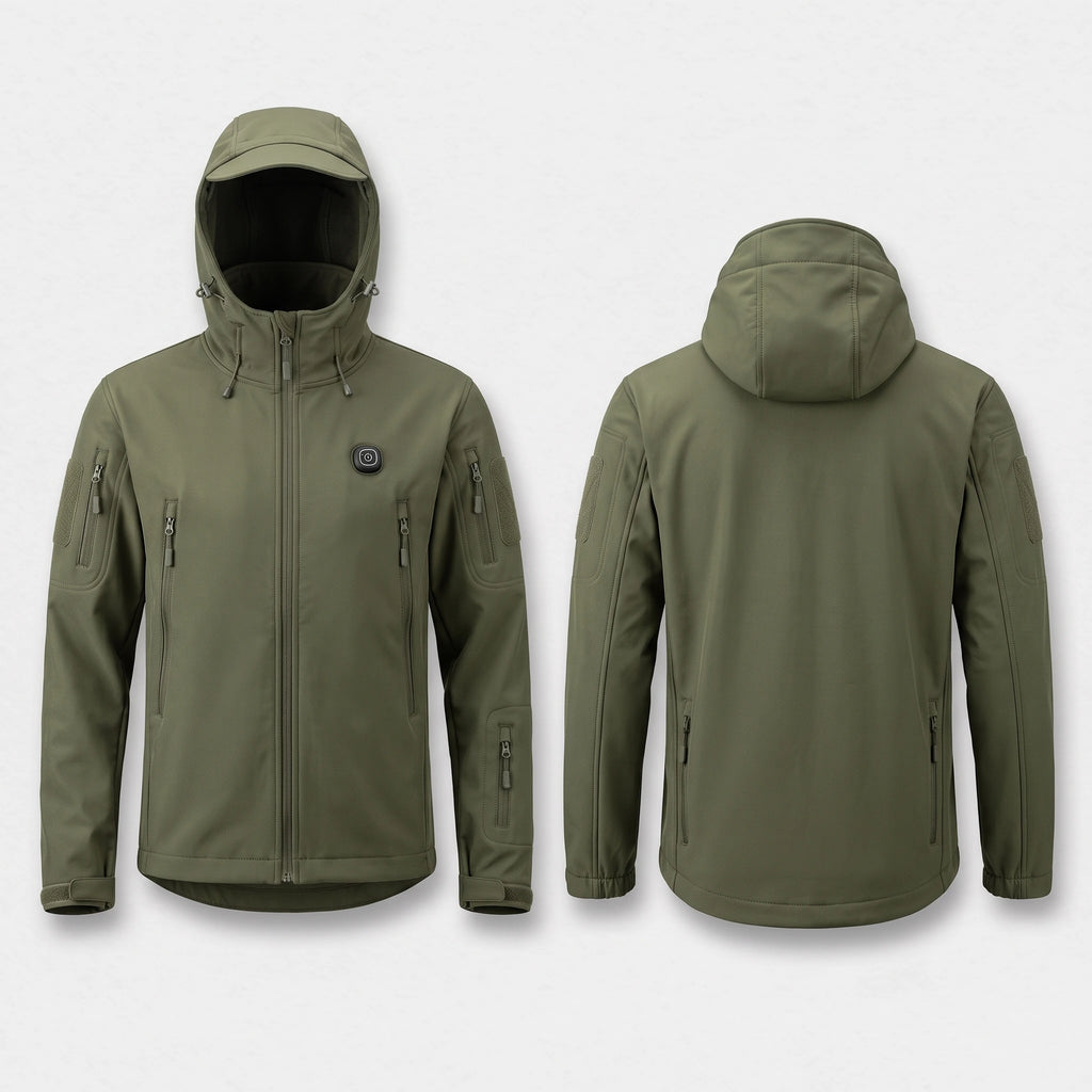 Veste chauffante vert armée vue de face et de dos