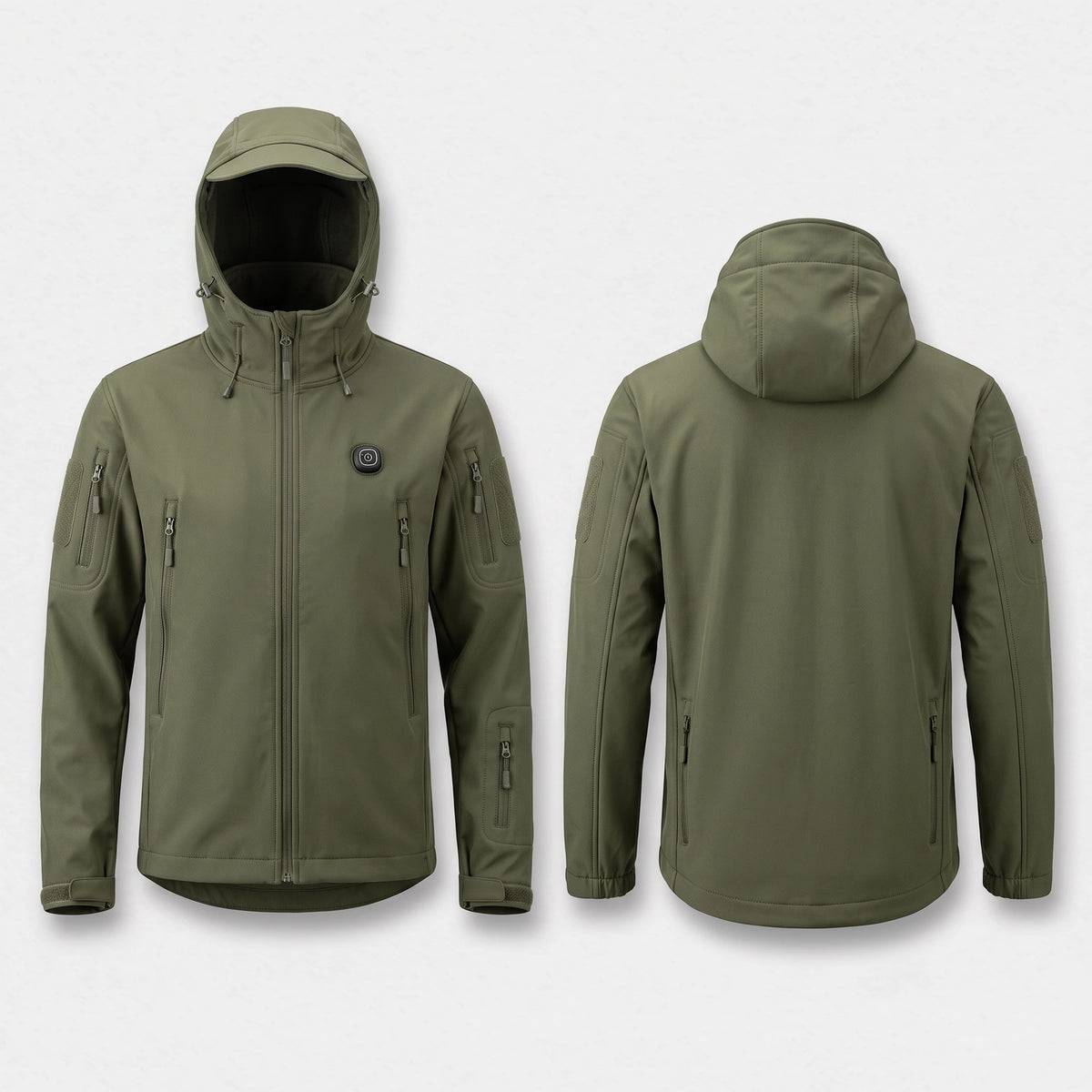 Veste chauffante vert armée vue de face et de dos