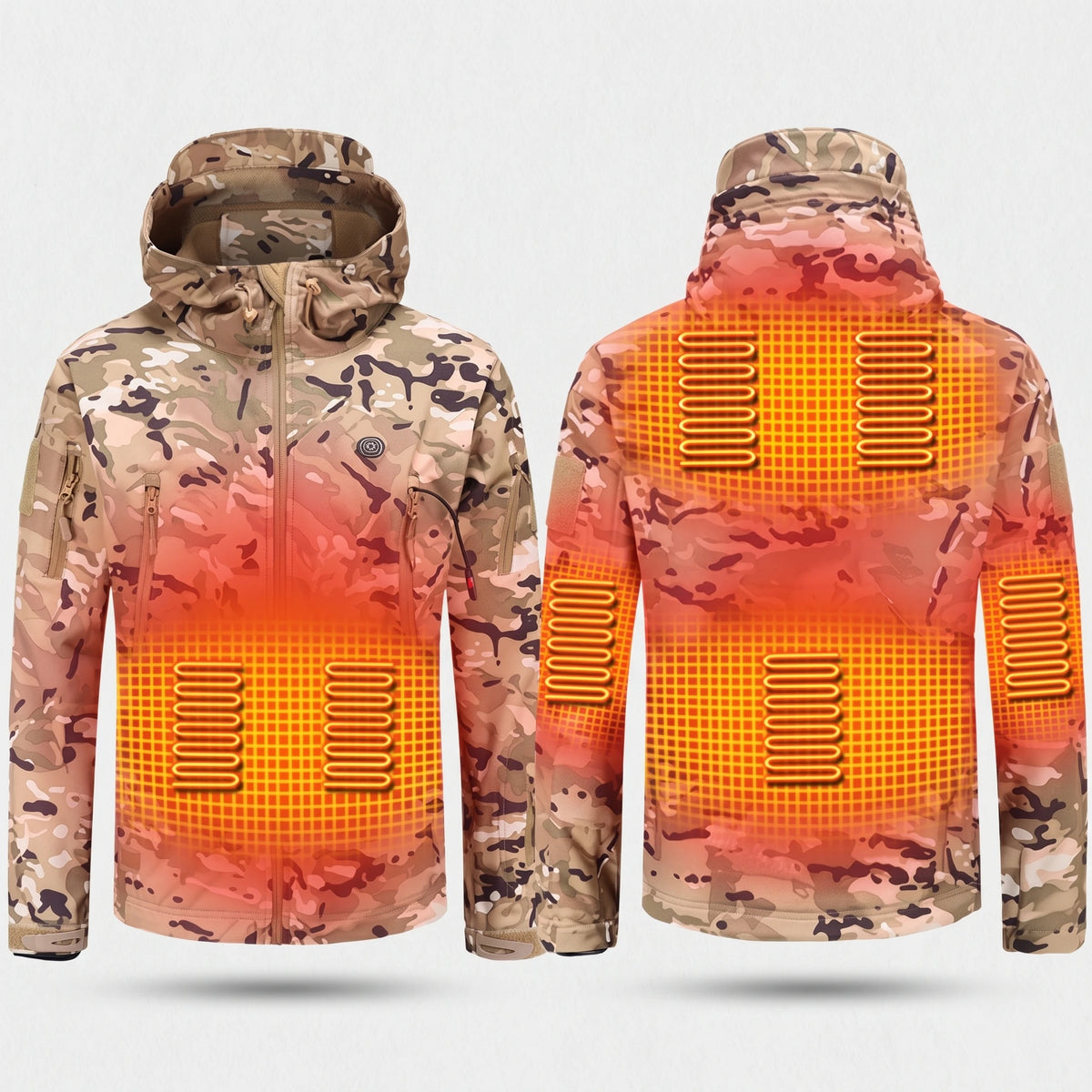 Les 7 zones chauffantes de la veste : ventre, haut du dos, bas du dos et coudes