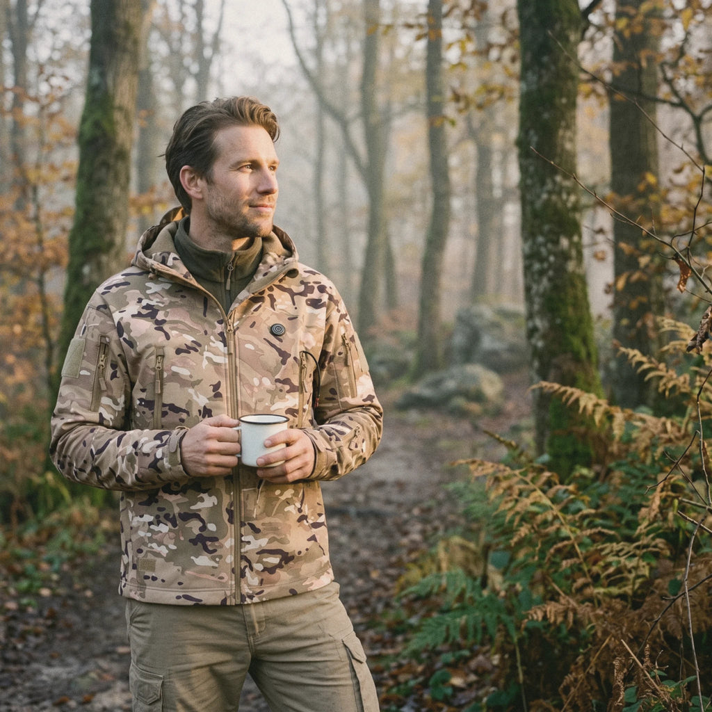 Homme en veste chauffante camouflage, une tasse à la main, en forêt d'automne au petit matin