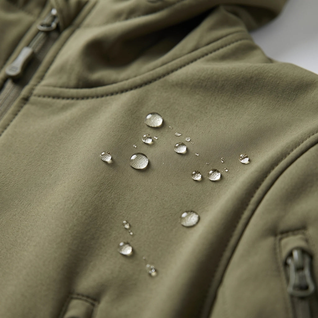 Gouttes d'eau qui perlent sur le softshell déperlant de la veste vert armée