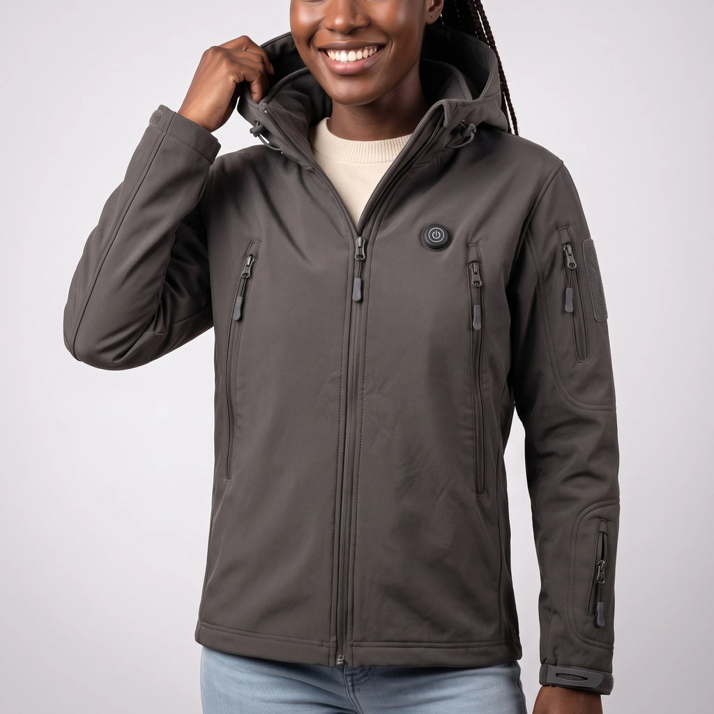 Veste softshell chauffante gris foncé portée par une femme souriante, une main sur la capuche