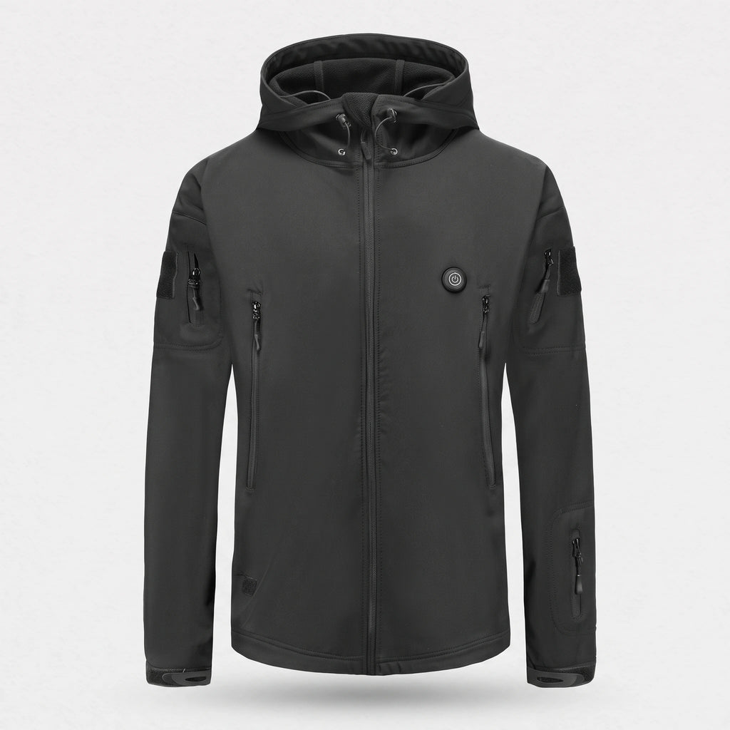 Veste softshell chauffante noire vue de face : capuche à visière, poches zippées, bouton de chauffe