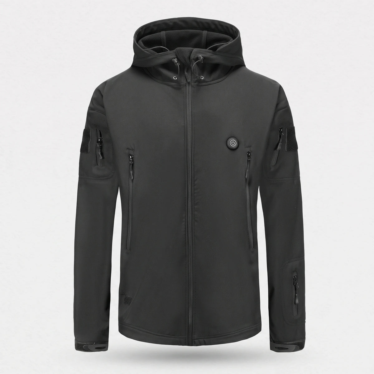 Veste softshell chauffante noire vue de face : capuche à visière, poches zippées, bouton de chauffe