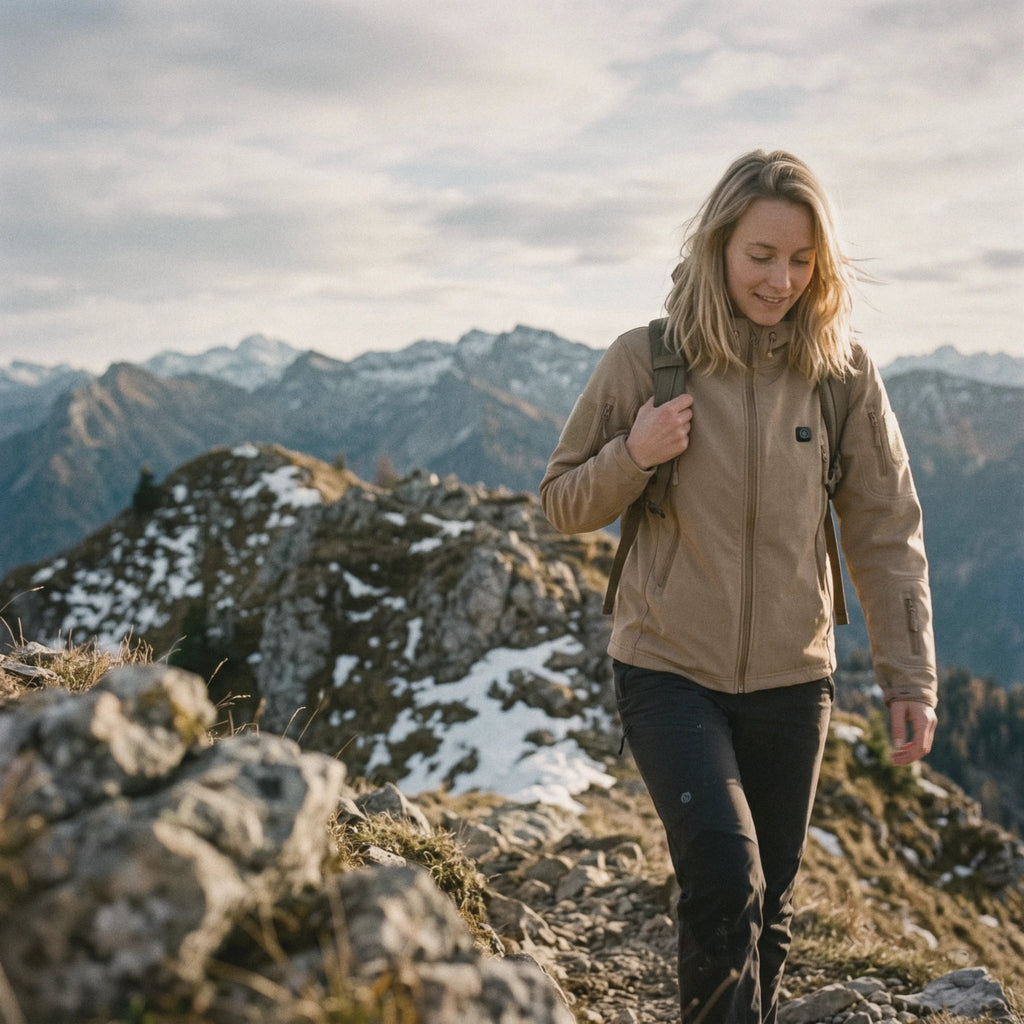 Randonneuse en veste chauffante sable sur un sentier de montagne enneigé