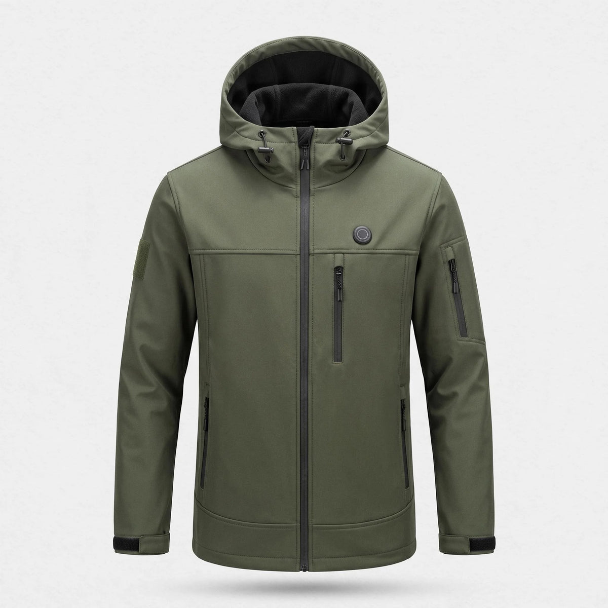 Veste chauffante vert olive vue de face : capuche à cordons, poche de poitrine, poche de manche, bouton de chauffe