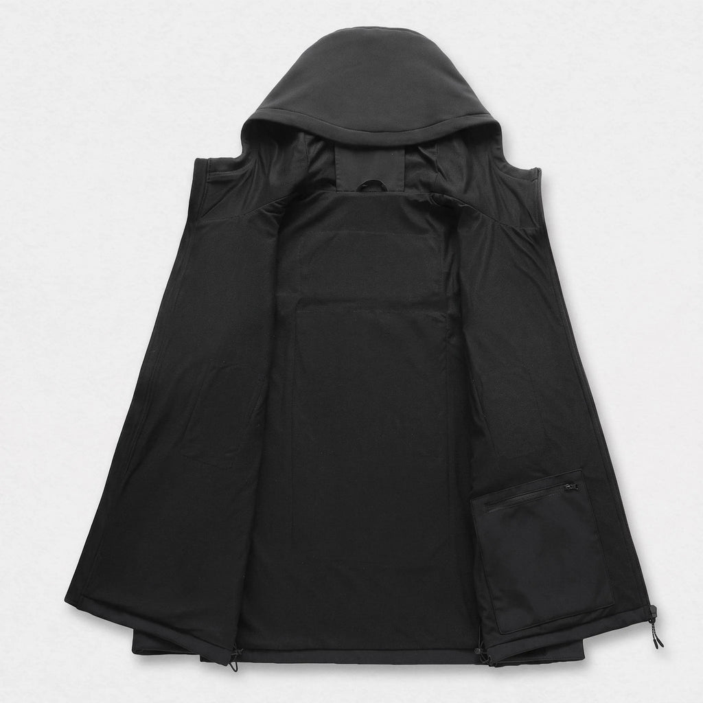 Intérieur de la veste noire ouverte : doublure brossée et poche intérieure zippée