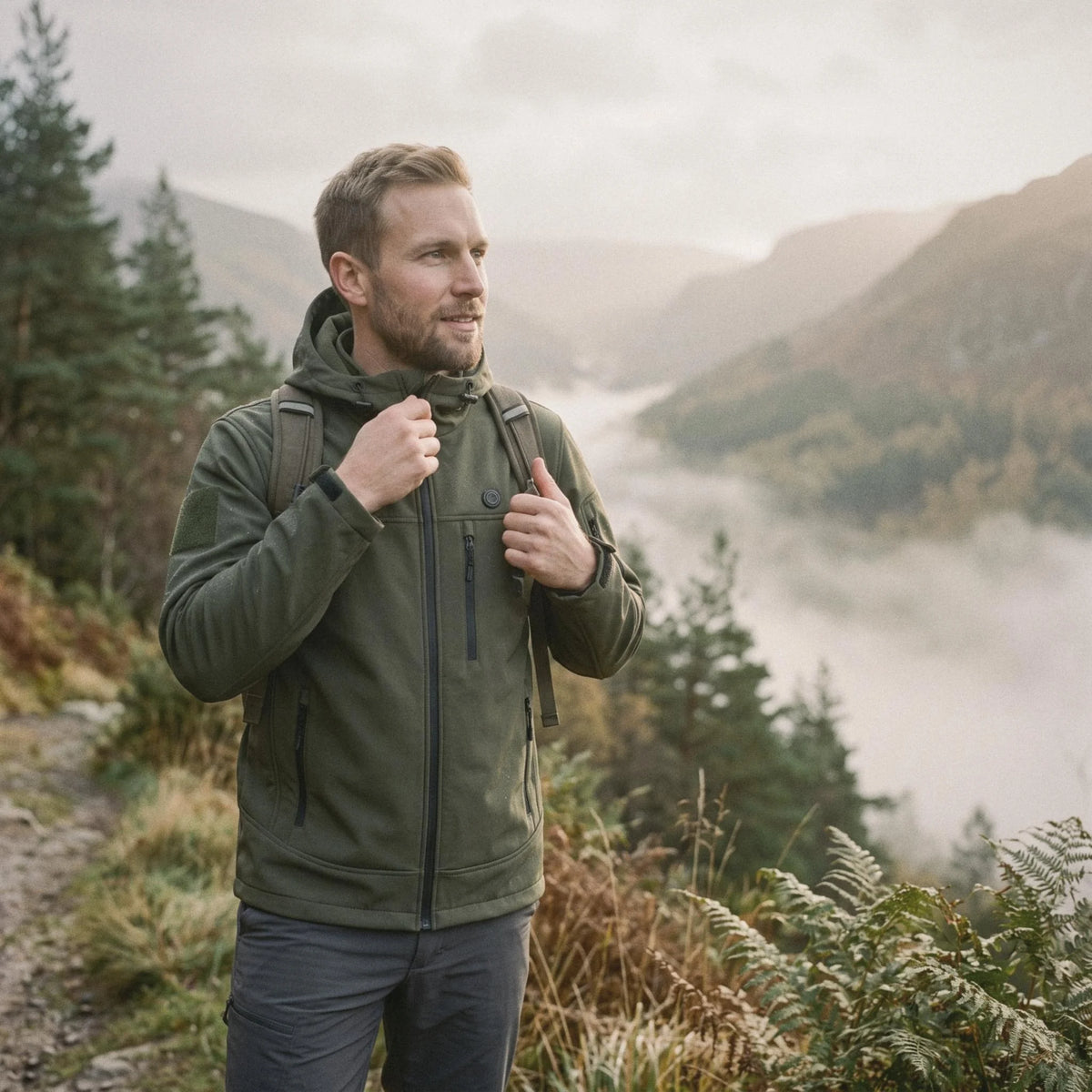 Homme en veste chauffante vert olive sur un sentier de montagne dans la brume