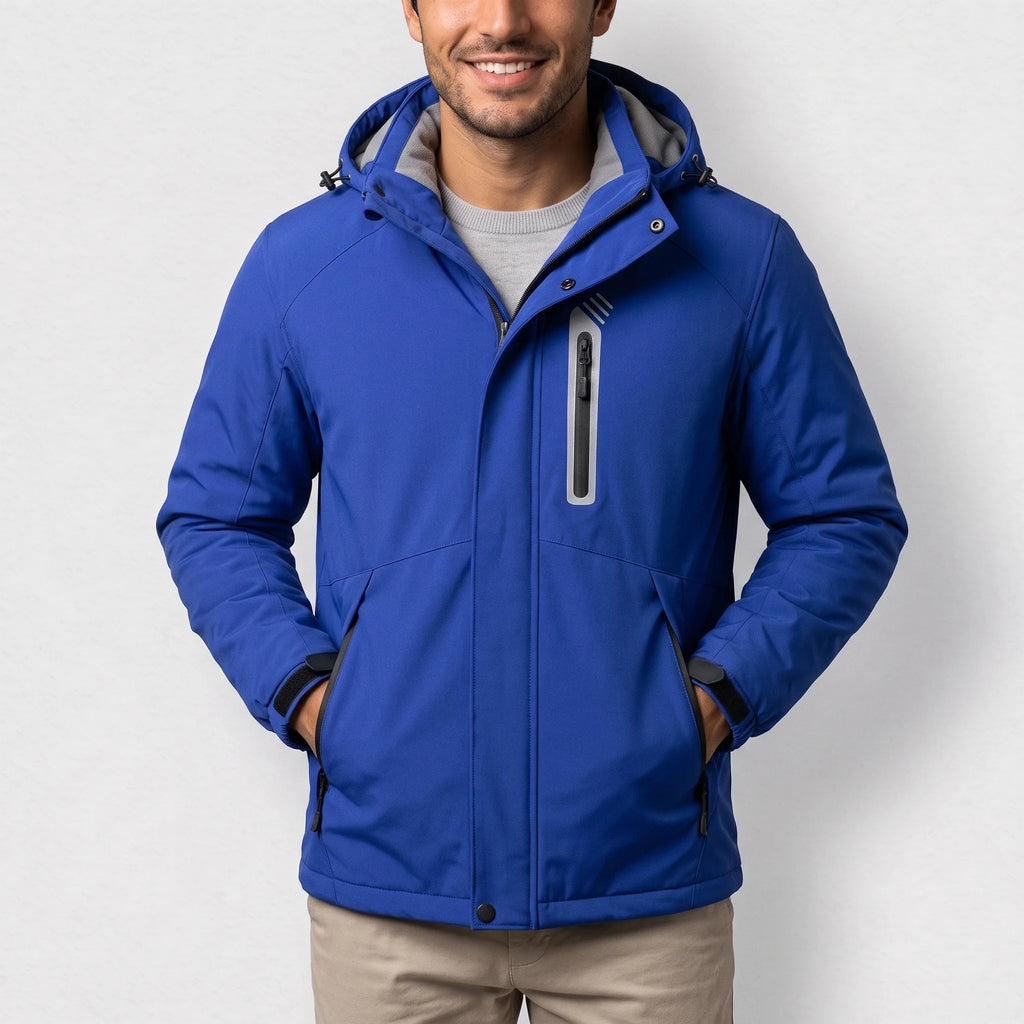 Veste chauffante bleu roi à capuche portée par un homme souriant, les mains dans les poches
