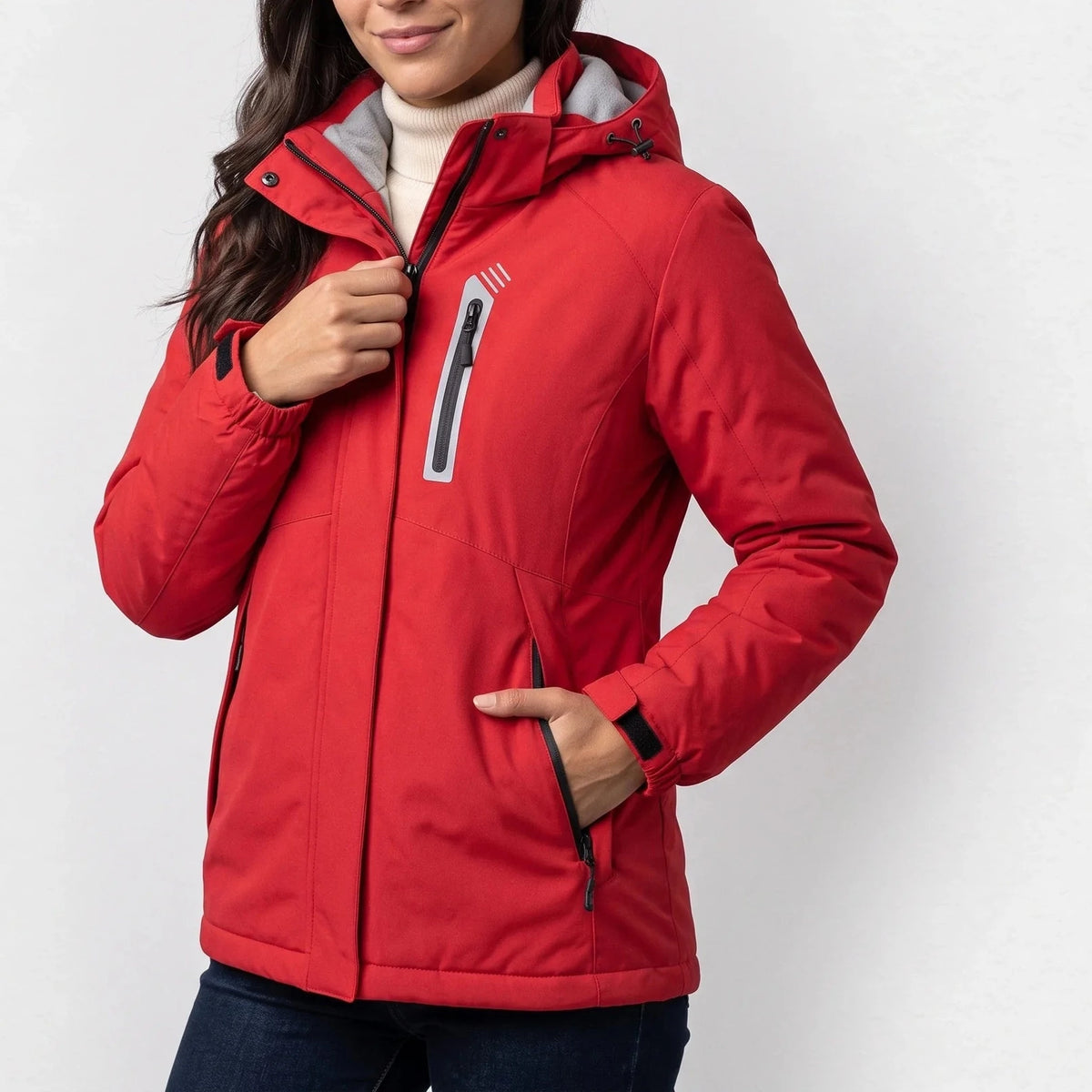 Veste chauffante rouge à capuche portée par une femme qui remonte sa fermeture