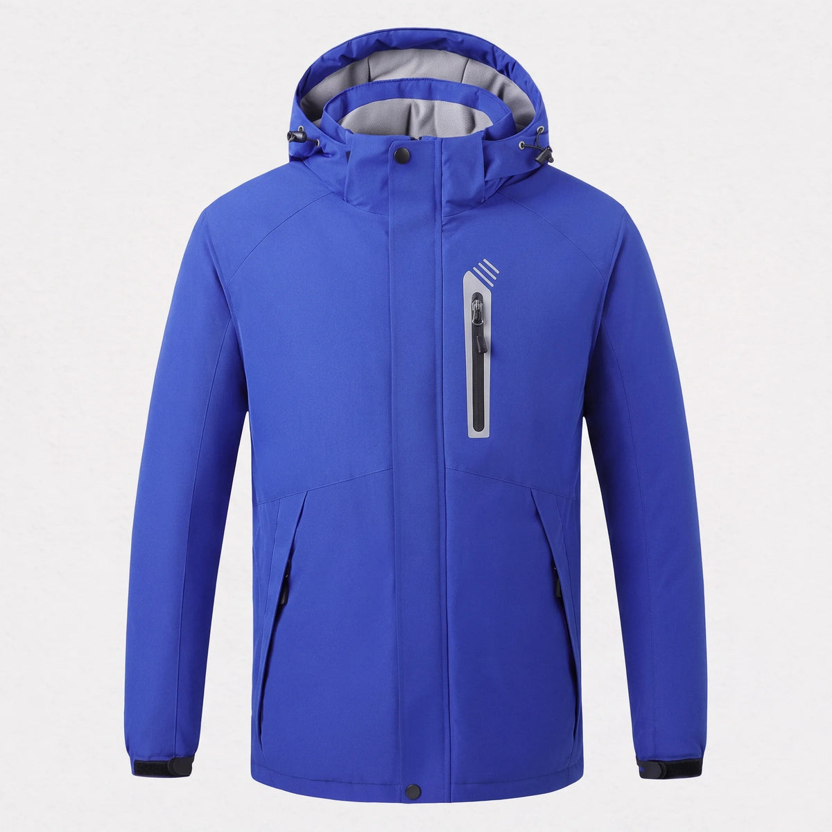 Veste chauffante bleu roi ouatinée vue de face : capuche doublée polaire, poche de poitrine à liseré argenté