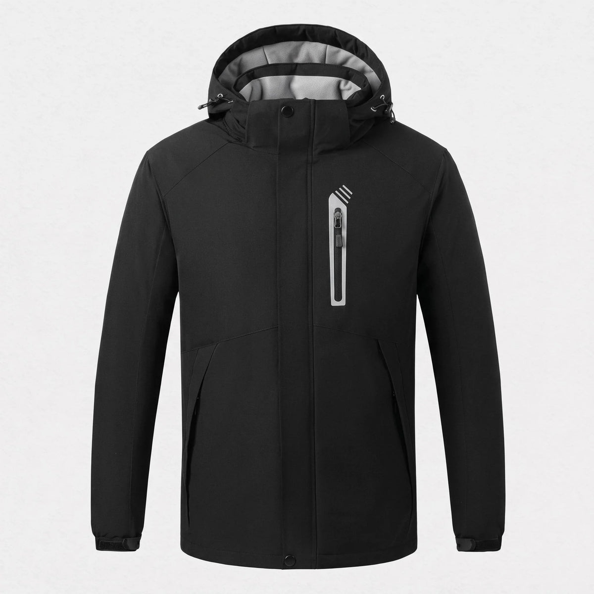 Veste chauffante noire ouatinée vue de face : capuche doublée polaire, poche de poitrine à liseré argenté