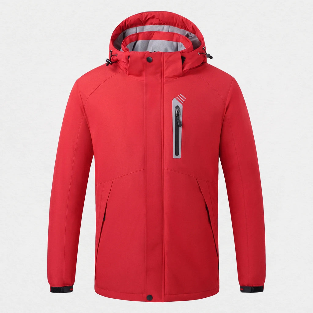 Veste chauffante rouge ouatinée vue de face : capuche doublée polaire, poche de poitrine à liseré argenté
