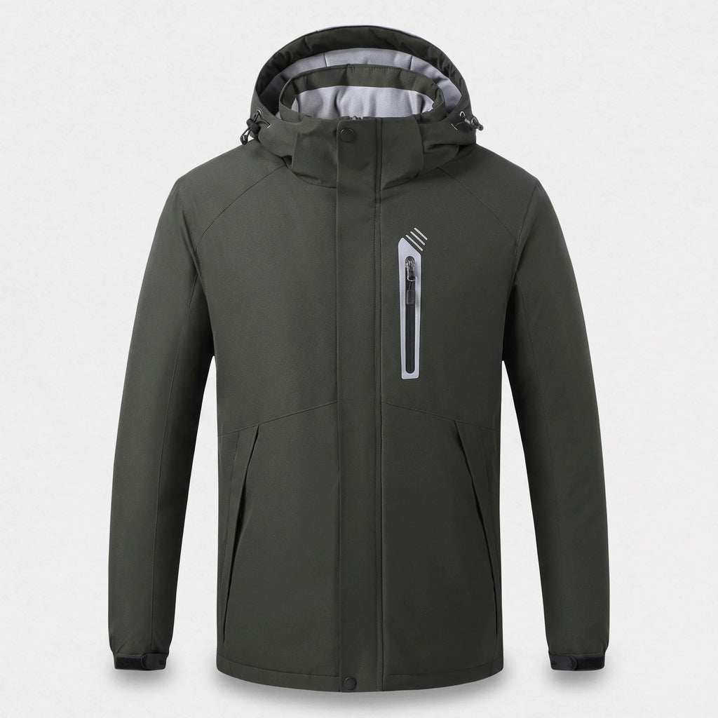 Veste chauffante vert armée ouatinée vue de face : capuche doublée polaire, poche de poitrine à liseré argenté