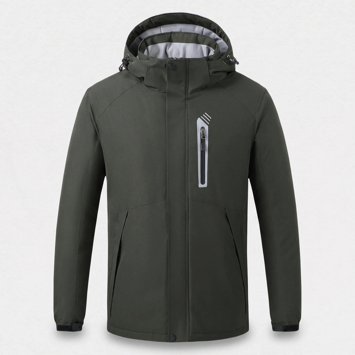 Veste chauffante vert armée ouatinée vue de face : capuche doublée polaire, poche de poitrine à liseré argenté