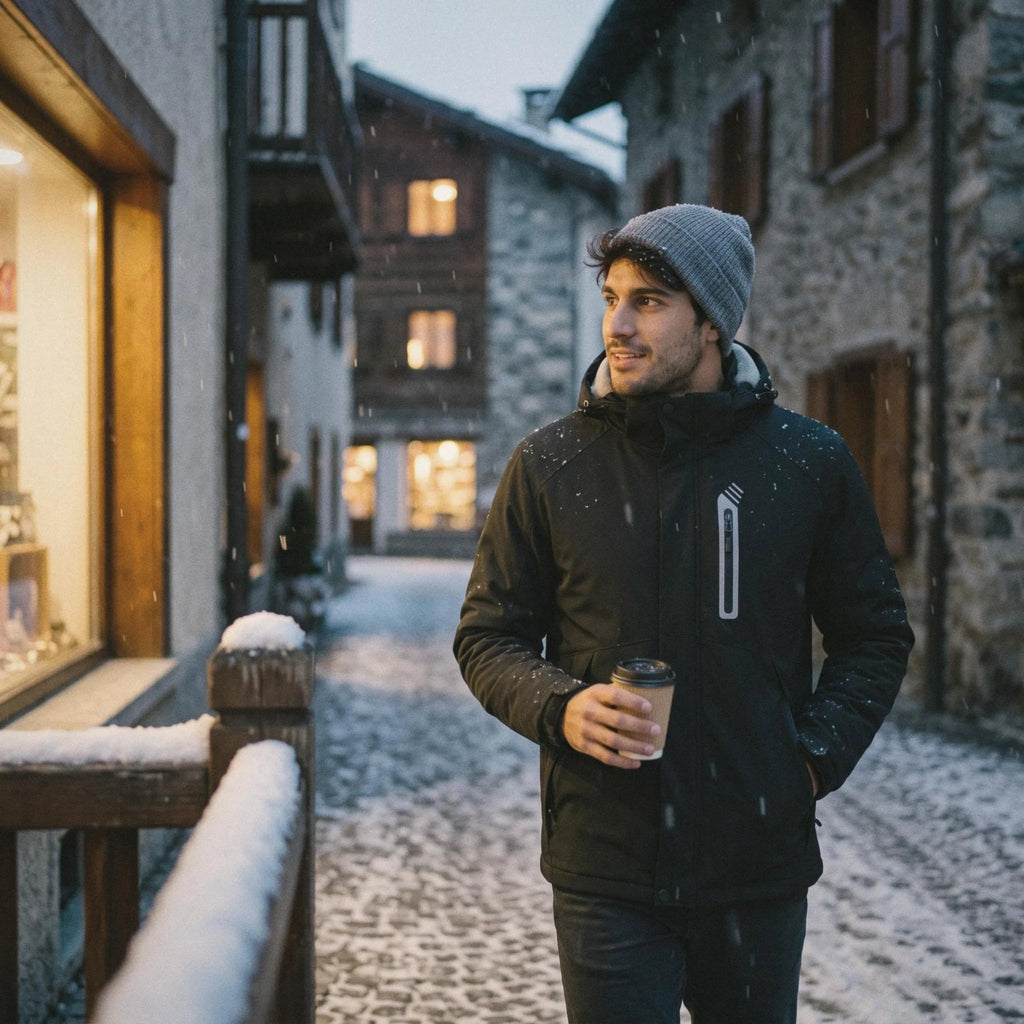 Homme en veste chauffante noire, un café à la main, dans une rue de village enneigée