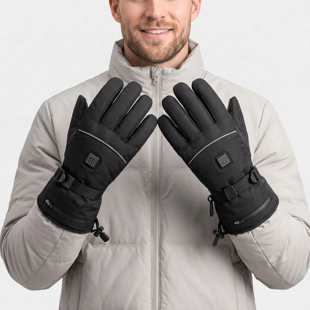 Gants chauffants à piles noirs portés par un homme, mains levées devant une doudoune gris clair