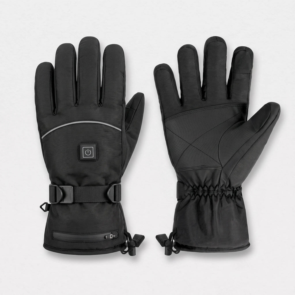 Gants chauffants noirs : dos avec liseré réfléchissant et bouton à gauche, paume antidérapante à droite